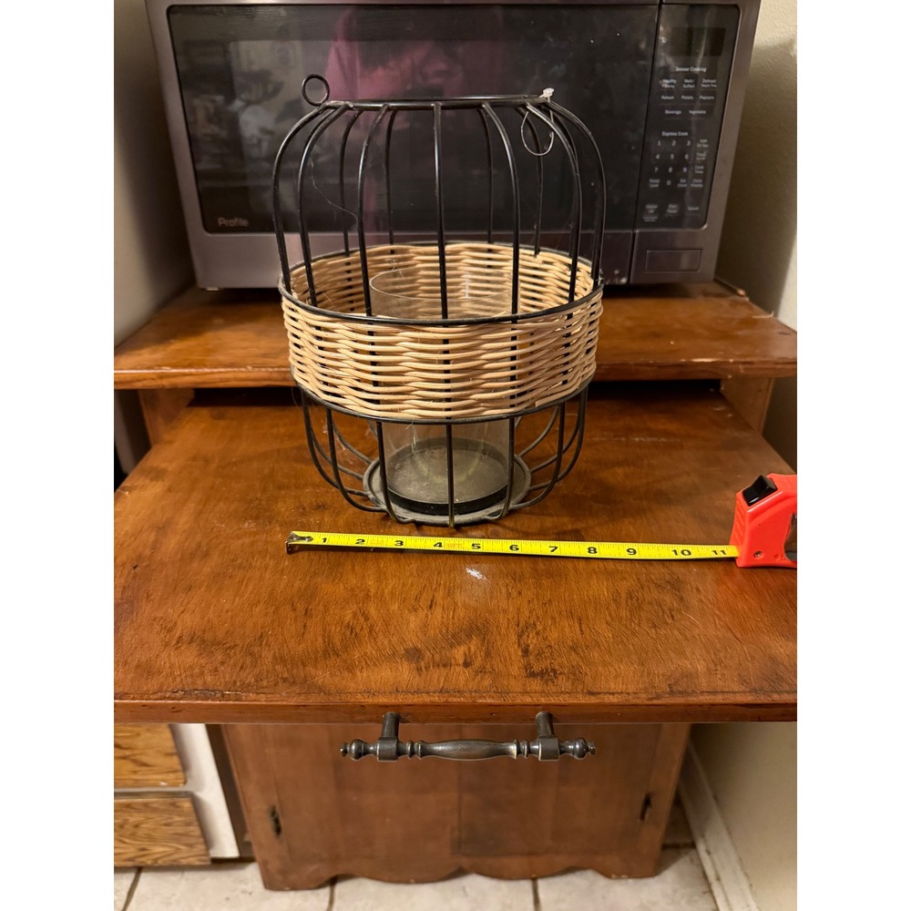 Black Metal Wire Woven Wicker Birdcage Candle Holder Lantern with Glass Insert